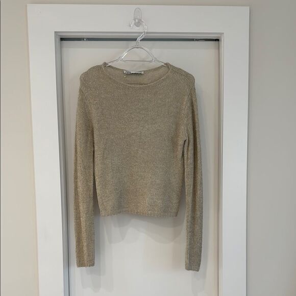 ZARA Gold matte cropped lightweight sweater Medium - Picture 1 of 7